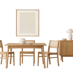 Elegant Dining Room: An inviting dining area, minimalist decor with wooden table and chairs, complemented by a stylish buffet and art piece, creating a cozy and sophisticated ambiance.