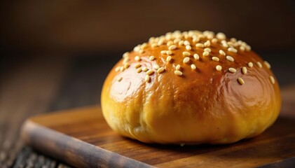 Perfectly golden brown artisan bun, sesame seeds , white background, sesame, texture