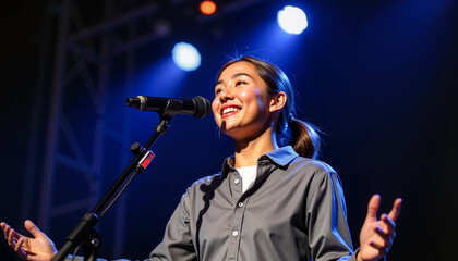 Confident woman smiling while singing on stage under lights