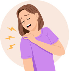 Illustration of a woman who is having shoulder pain. She is in pain and is holding her shoulder.