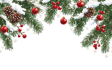 Snowy Fir Border: Red Ornaments & Berries