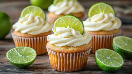 Delicious lime cupcakes with white frosting and sliced lime on wood. Perfect for blogs, websites, or social media posts for bakeries.