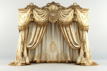 Opulent, cream and gold window treatment with elaborate valance, tassels, and damask pattern, presented against a neutral backdrop
