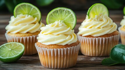 Three key lime cupcakes sit on a wooden surface, topped with lime. Perfect for a blog post about baking, dessert recipes, or a party.
