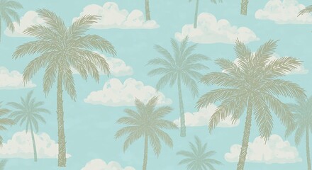 Obraz premium Seamless Tropical Palm Tree and Cloud Pattern - Vintage Pastel Teal