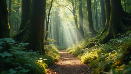 Obraz premium Serene Woodland Path with Sunbeams Illuminating Lush Greenery and Moss-Covered Trees