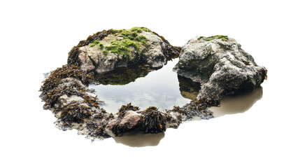 Rock pool with seaweed and moss isolated on transparent background