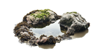 Rock pool with seaweed and moss isolated on transparent background