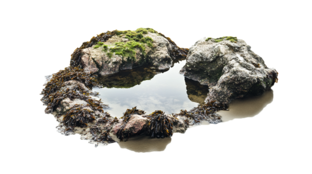 Rock pool with seaweed and moss isolated on transparent background