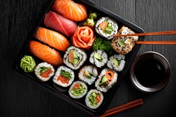 Fresh Assortment of Sushi with Salmon, Tuna, Avocado Rolls, Green Wasabi, Pickled Ginger, and Soy Sauce on Dark Surface
