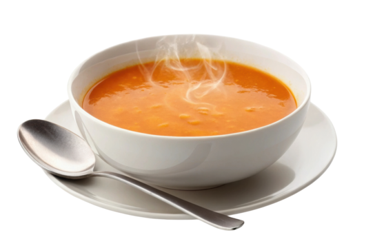 PNG Steaming bowl of tomato soup with spoon on plate - Powered by Adobe