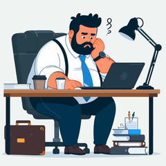 Vector image of a fat person working in an office with a laptop and coffee on the desk.