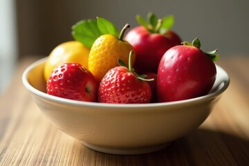 Close-up of empty bowl, untouched fruit, symbolic fasting, ripe, texture, minimal