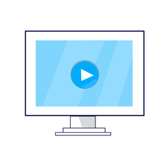 a computer monitor with a play button overlay on the screen. Digital media playback, streaming, or video content on a desktop or laptop device.