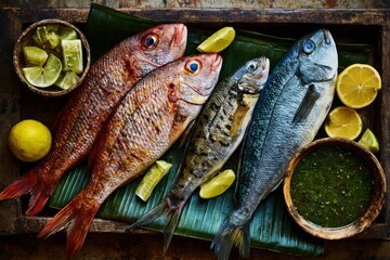 Freshly Caught Assorted Fish Displayed on Green Banana Leaves with Citrus Slices and Dipping Sauce in Rustic Setting