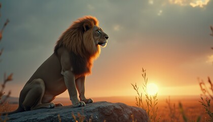 Obraz premium Majestic Lion Sits on Rock Overlooking Vast African Plains at Sunset with Golden Light and Dramatic Sky