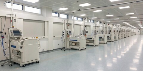 Modern Hospital Ward with Multiple Beds and Advanced Medical Devices in an Intensive Care Unit or Dialysis Center for Patient Care