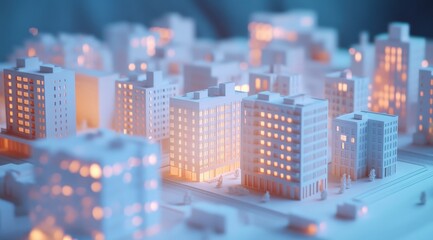 Stylized low-poly city model at night, illuminated by warm interior lights, showcasing simplified architecture and street layout