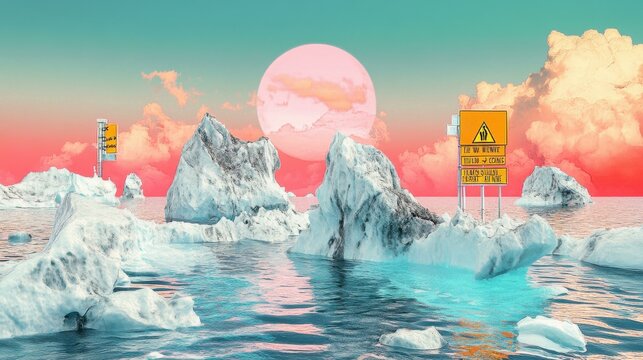 Icebergs floating in icy water under a surreal sunset sky, signs warning of melting ice, creating a dreamlike and cautionary scene