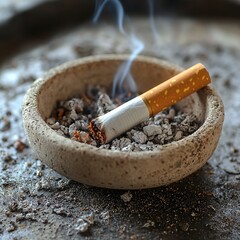 world no tobacco day concept. Cigarette resting in an ashtray with smoke rising.