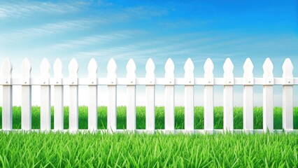 Fototapeta premium White picket fence with lush green grass under a bright blue sky, evoking a serene outdoor scene.