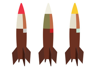 Set of colorful abstract rockets with geometric shapes and contrasting color blocks