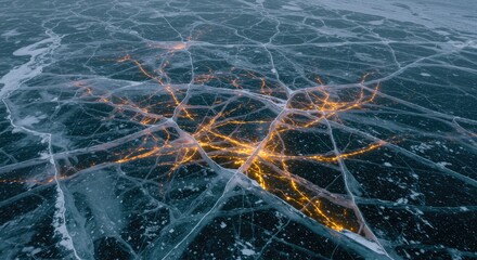 Frozen lake surface with intricate ice patterns and warm light