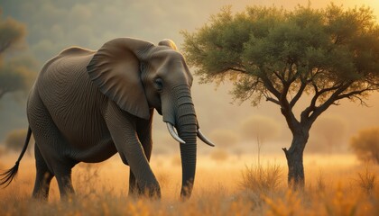Fototapeta premium Majestic elephant walking in golden light through dry savanna landscape, with a tree in the background, artistic depiction of a wild animal