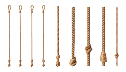 A collection of ropes of varying thicknesses and with different knots against a black background space