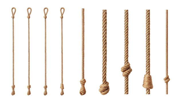 A collection of ropes of varying thicknesses and with different knots against a black background space