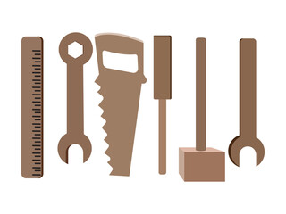 Set of woodworking tools including saw, wrench, ruler, hammer, and chisel
