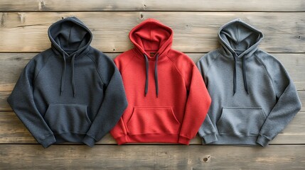 Three Hoodies Displayed on a Wooden Surface