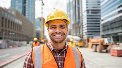 Fototapeta premium Construction worker smiling in a safety vest and hard hat on a busy urban site.