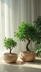 Fototapeta premium Two Bonsai Trees in Pots Bathed in Soft Sunlight Near a Window with Sheer Curtains