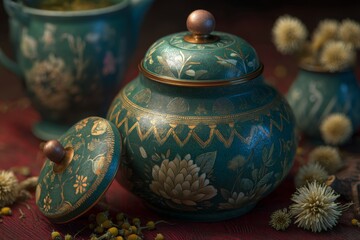 Handcrafted Decorative Jar with Intricate Floral Patterns and Elegant Design on a Rustic Table Setting