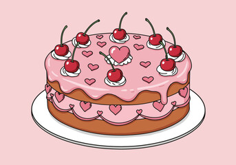 Pink Cherry Heart Cake Illustration