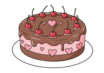 Cherry Chocolate Cake with Hearts Illustration