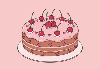 Cherry Topped Cake with Pink Frosting Illustration