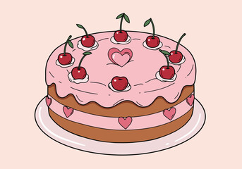 Whimsical Cherry Heart Cake Illustration for Celebrations