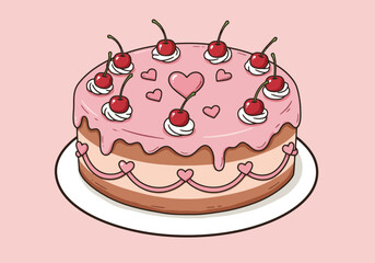 Sweet Cherry Cake Illustration - Valentine's Day Treat