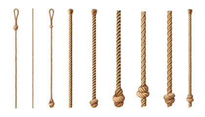 A collection of various ropes with differing thicknesses and knots displayed against a black background