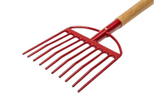 PNG Red handheld garden cultivator fork with wooden handle