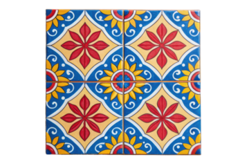 PNG Colorful geometric pattern on decorative ceramic tiles with floral motifs