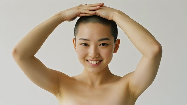 白い背景。坊主頭の素肌の若い女性が、両手でOKのジェスチャーをする