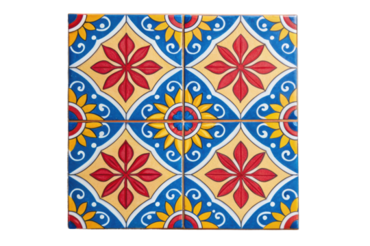 PNG Colorful geometric pattern on decorative ceramic tiles with floral motifs - Powered by Adobe