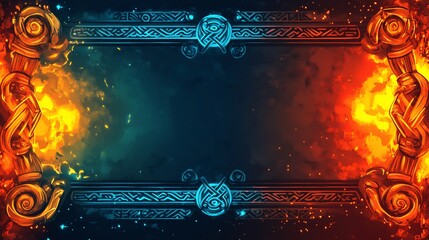 Ornate frame with fire and ice elements. Decorative border with stylized columns and patterns.