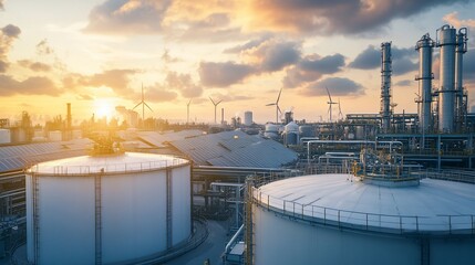 Panoramic view of a modern industrial complex blending traditional energy and renewable energy sources at sunset