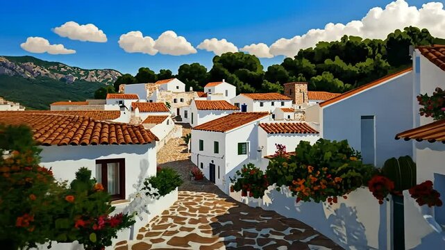 Charming whitewashed houses with terracotta roofs lining a picturesque cobblestone street