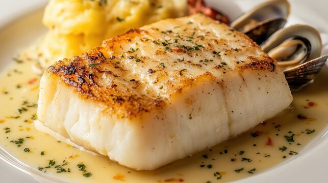 Pan-seared halibut steak is served with clams and creamy sauce, garnished with herbs. Use this image for recipe blogs or restaurant menus online or in print.
