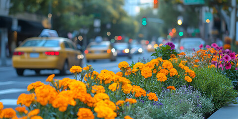 City Street with Vibrant Orange Flowers and Traffic, Urban Flowerbed Brightening Busy City Intersection, Colorful Urban Scene with Flowers and Yellow Taxi
